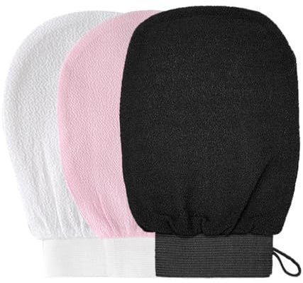 3Pcs Exfoliating Gloves - Body Exfoliating Mitts, Body Scrub Glove, Dead Skin Remover, Dual-Sided Deep Clean Exfoliation Scrubbing Mitt for Women and Men (Black, Pink, White)
