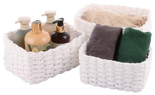 MEIDIV Set of 6 Woven White Storage Baskets, White Paper Rope Storage Basket, Woven Basket Organiser, Small Baskets for Storage for Cupboard Drawer Closet Shelf Dresser