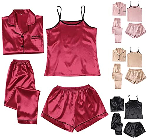 Générique Pyjama Femme Satin de Soie Unisexe Grande Taille 4 Pièces Ensembles de Pyjama Short et Caraco Lingerie Sexy Automne Hiver Manche Longue Vêtements de Nuit Classique Sleepwear