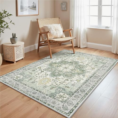 GENIMO Tapis Vintage pour Salon 120x170 cm, Lavables avec Dos Antidérapant, à Poils Courts pour Cuisine, Salle à Manger, Bureau et Chambre,Vert