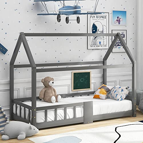 ANIROY Kinderbett Hausbett, Holzbett für Kinderzimmer, Kiefernholz Haus Bett for Kids, ohne Matratze, 90 x 200cm (Grau B)