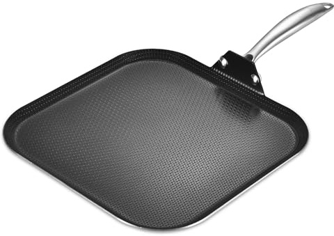 LOLYKITCH 11 Nonstick Square Griddle Pan - Tri-Ply Stainless Steel Flat Skillet for Pancakes - Ceramic Coating Griddle & Comal - Induction Ready Grill Frying Pan, Riveted Handle, PFOA Free