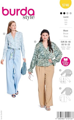 burda style snittmönster dam #5746 blusar med elastiskt band och V-ringad stl. 36–48