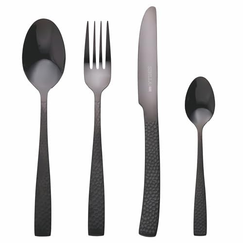 Set med 24 polerade bestick i rostfritt stål, hamrat handtag med matt finish, svart, Bali Sibylla