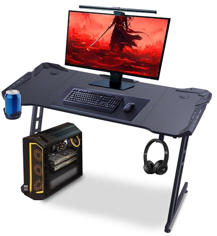 T-THREE.Gaming Desk 120 x 60cm Large metal-framed computer desk with carbon fibre finish, with cup holder and headphone hook, PC gaming desk for home office, easy assembly
