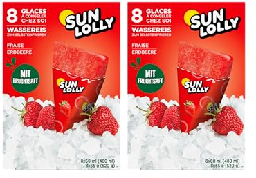 Sun Lolly Wassereis Erdbeere 8 Stk | Mit Fruchtsaft | Zum Selbsteinfrieren | Ohne künstliche Aromen | Frei von Süßungsmittel | Laktosefrei | Glutenfrei | 8 x 60ml | 2er Pack
