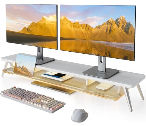 Fenge Monitorständer,108cm, LED-Beleuchtung für Laptop PC TV, Weiß | Schaltbare Farben, 2 Geräte, Bis 45kg, Ablagefach für Telefon/Tablet/Stift, Acryl-Ablage, Bildschirm Schreibtisch Büro Home