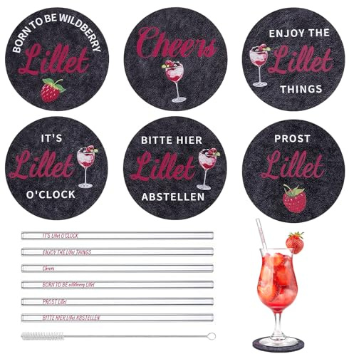 Sottobicchieri in Feltro Rotondi, 6 Pcs Sottobicchieri per Bicchieri + 6 Pcs Cannucce per Bicchieri + 1 Compressa per la Pulizia, Sottobicchieris in Vetro Lavabili con Design, Set di Sottobicchieris p