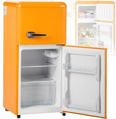 Combinación de frigorífico y congelador retro: refrigerador de dos puertas de 38 L, compartimento congelador de 22 L de 4 estrellas, capacidad útil de 60 L, iluminación interior LED,Yellow