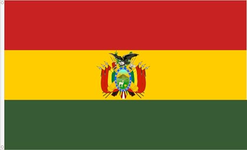BANDERA DE BOLIVIA CON ESCUDO. CALIDAD RASO PREMIUM. TAMAÑO GRANDE 150X90 CM.