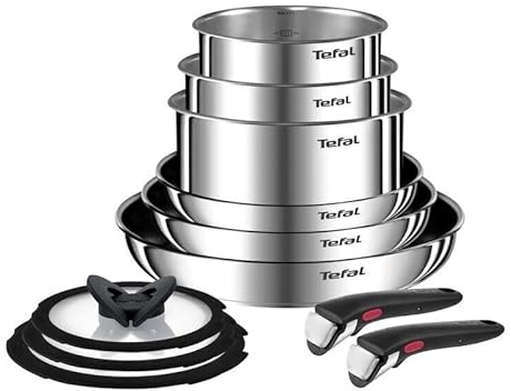 Tefal Ingenio Emotion Batterie de cuisine en acier inoxydable 11 pièces casseroles 16/18/20 cm, poêles 22/24/28 cm, 3 couvercles en verre, 2 poignées amovibles