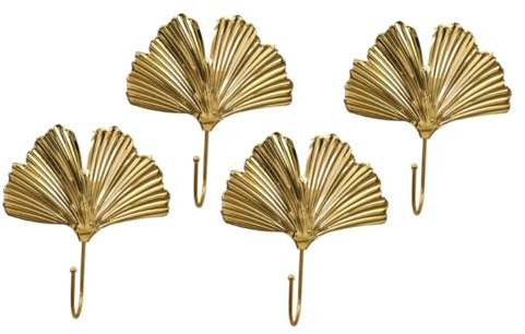 AKOOSY Goldener Metall Leaf Haken 4 Stück, Wandhaken im Nordik Stil | Klebehaken Gold, Ginkgoblatt Design, Robust und Platzsparend für Ordnung