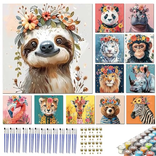 JATOK 12 Pack Paint by Numbers for Adults, Animal, 20 x 20 cm, Unframed | Multipack rolled coloured canvas kits, twelve individually packed, acrylic painting kit, beginner DIY craft