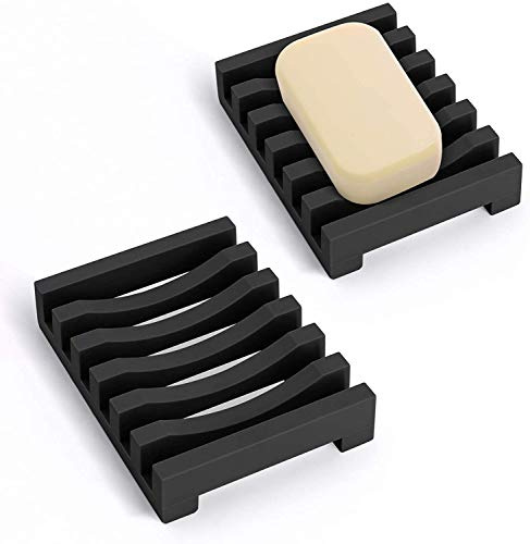 Black Soap Dish Self-Draining - 2 Pack Anti-Slip Soap Holder for Bar Soaps & Sponges, Reusable Silicone Soap Dish for Shower, Bathroom & Kitchen