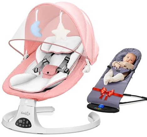 Baby Bouncer from Birth with 5 Swing Speed, 3-Stage Timer and Remote Control, Baby Swing Chair from Birth with 2 Plush Toys & Soft Padded Newborn Bouncer