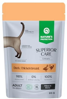 Nature's Protection Superior Care Húmedo Gato, Pato y Pollo 12 x 85 g | Con arándanos rojos, Apoyo a la salud urinaria, Filetes en salsa jugosa, Alimentación diaria, Gatos adultos, 12 bolsas