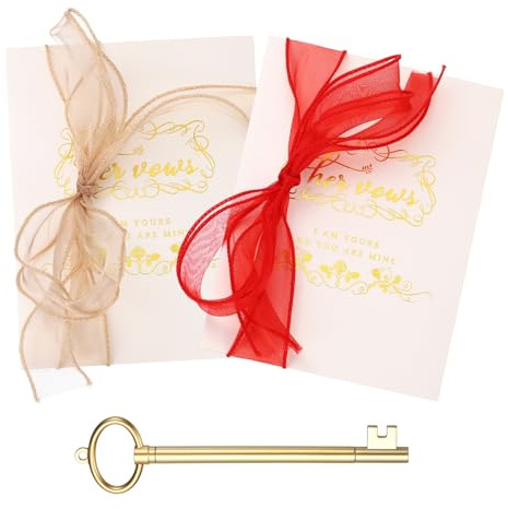YOKIVE Wedding Day Vow Card Set, (7.87 x 5.51-Inch, Red/Gold), Vow Card with Key Shape Pen for Her & Him Ribbon Version C, Gold Foil, Great Gift for Bride Groom Bridal Wedding