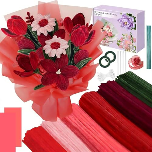 AKINSTER 500 Stück Pfeifenputzer zum Basteln Pfeifenreiniger Blumen Set Pipe Cleaner Flower Set Pfeifenreiniger Rosa mit Blumen Staubblatt Bänder Klebeband Geschenkbox für Basteln & DIY (Rot)