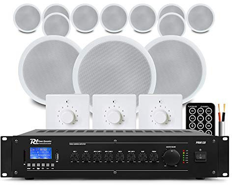Bluetooth Ceiling Speaker System Kit - 12x 5 Flush Mount Speakers, 120W Mixer Amplifier, Multi-Room (3 Zone) Audio, Volume Controls, Background Music Installation Home/Commercial Use, 100V Line