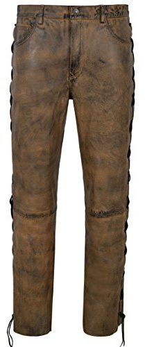 Men's Biker Leather Trouser Dirty Brown Laced Motorcycle Style 100% Napa 00126 (Waist 30)