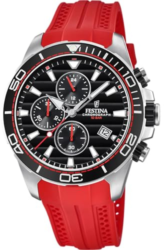 Festina Orologio Uomo Analogico in Caucciù Rosso - Movimento al Quarzo - Orologio Sportivo da Uomo - Cronografo - Calendario - Vetro Minerale Resistente - Impermeabile 10 ATM F20370/3 Special Prices