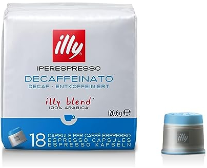 illy, Iperespresso Kapseln ENTKOFFEINIERT, 100 % Arabica mit Noten von Karamell, Schokolade und Geröstetem Brot, Koffeinfrei, Harmonischer Geschmack, 6 Packungen à 18 Kapseln (Insgesamt 108 Kapseln)