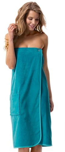 Morgenstern Saunakilt Damen Saunahandtuch mit Knopf und Tasche 100% Baumwolle Frottee Oeko-TEX® 90 x 145 cm Handtuch mit Gummizug Katja Petrol