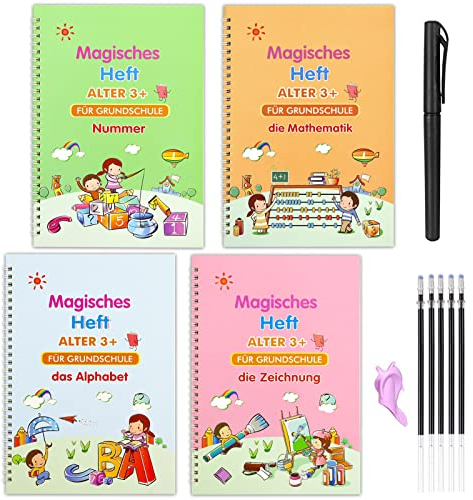 TOPJOWGA Magisches Heft Deutsch, 4 Stück Kinder Magisches Heft, Wiederverwendbares Magisches Übungsheft Deutsch mit 5 Nachfüllungen+1 Stifthalter, Alphabet, Zeichnung, Mathematik, Nummer, 26 x 18.5cm
