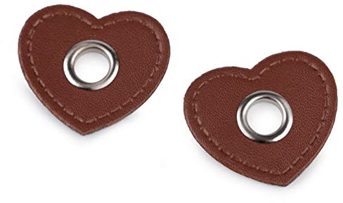 2 Stück Ösen-Patches mit 8 mm Öseninnendurchmesser auf 32 x 35 große Patches aus Kunstleder in Herz-Form zum annähen in Cognac Braun mit silberfarbener Öse