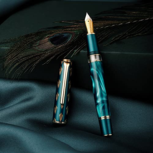 Pluma estilográfica Hongdian N7, barril de color verde de punta de borde largo de iridio, instrumento de escritura suave con estuche de bolígrafo de metal