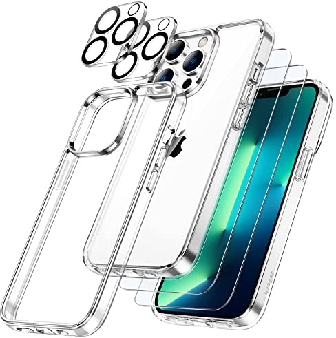 JETech 5-in-1 Hülle für iPhone 13 Pro Max, Anti-Vergilbung, Durchsichtig | 2 Gehärtete Glas Schutzfolien, 2 Kameraschutz Folien, Stoßfest Handyhülle