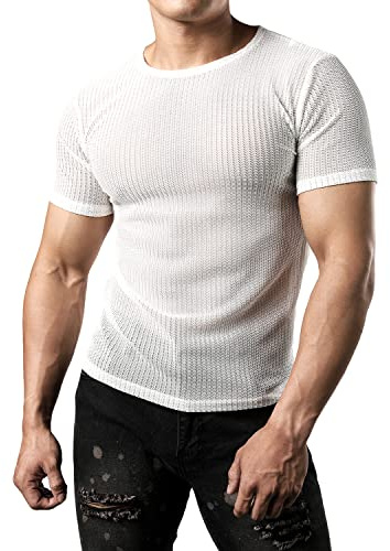 JOGAL Hombres Malla A través Ajustado Manga Corta Músculos Top, Blanco, M