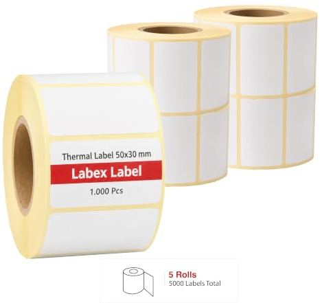 Thermoetiketten 50x30 mm auf Rolle – Lageretiketten Dauerbetrieb – 5 Rollen 5000 Etiketten – Thermodirekt ohne Farbband – kompatibel mit Zebra, TSC, Godex – Labex Label