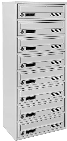 Mehrfamilienhaus 8 Parteien GLM grau RAL 7035 Briefkastensysteme 25cm Tief | Wandmontage, modular aufgebaut, DIN-A4-Format, verzinkter Stahl, Innenbereich, Grau RAL 7035, 2 Schlüssel