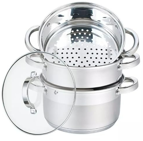 Luckyberg Mantowarka/Dampfkocher 3,1L | Dampfkochtopf 3, 4 oder 5 Teilen | Kochgeschirr mit Glasdeckel auf Edelstahl, Dampfgarer, Biodampfkocher (4 Teil)