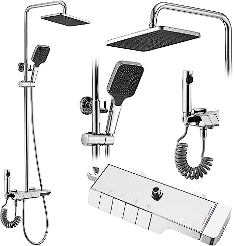 Rea Duschsystem mit Thermostat ROB Chrome Duschset Duscharmatur mit Duschkopf und Kopfbrause aus Messing Duschgarnitur für Badezimmer (Chrom)