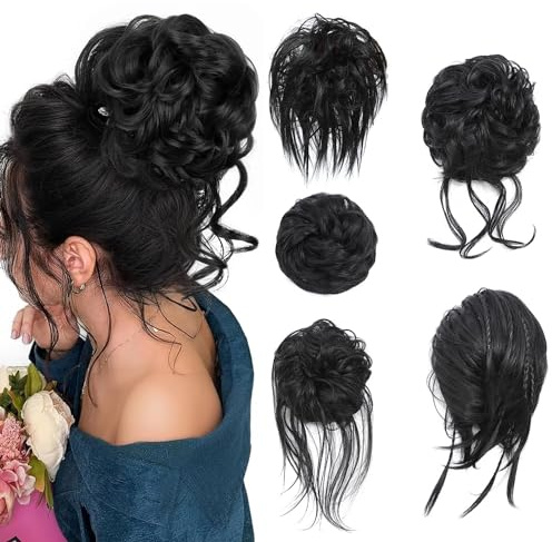 Fulang Hair 5/Pack Haarteil Mit Gummiband, Groß Dutt Haarteil, Gewellt Natürlich Kunsthaar Haargummi Damen Mit Haaren Hochsteckfrisuren Haarverlängerung, Messy Bun Haarteile (5 Stück/Packung) (1B)