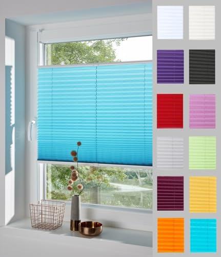 DécoProfi Plissee ohne Bohren Wasserblau/Türkis 80cm x 220cm (max. Gesamthöhe Fensterflügel) I Verspannte Plissees nach Maß mit Klemmträger/Klemmfix I Blickdichte Innenrahmen-Plissees zum Klemmen