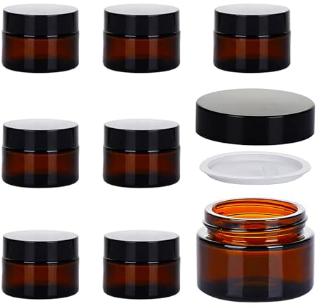 Amber Glass Jars - 8 Pack (30ml) with Lids - Brown Travel Cosmetic Containers with Spatula - UV Protection for Powder, Lotion and Cream