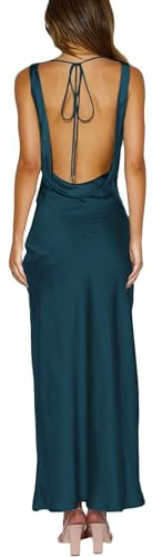 KOUNAI Satin Backless Formal Maxi Dresses for Women Wedding Guest Deepgreen