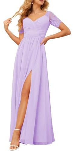 KURFACE Vestido largo de gasa con mangas de encaje para dama de honor para jóvenes, vestido largo formal de noche WSX436, Lila, 44