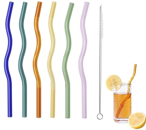 6 Pcs Wavy Glass Straws, 7.87×8mm Reusable Colorful Glass Straws,With 1 Cleaning Brush-Perfect For Juice,Tea,Coffee,Cocktails,Lemonades。(Colorful Wavy)