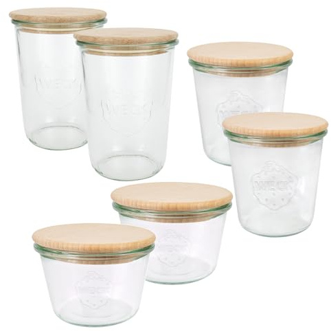 Weck Jars Set (6 Preserving Jars, 2 x 250 ml, 2 x 500 ml, 2 x 750 ml with Wooden Lid, for Preserving/Storing Food) 79213