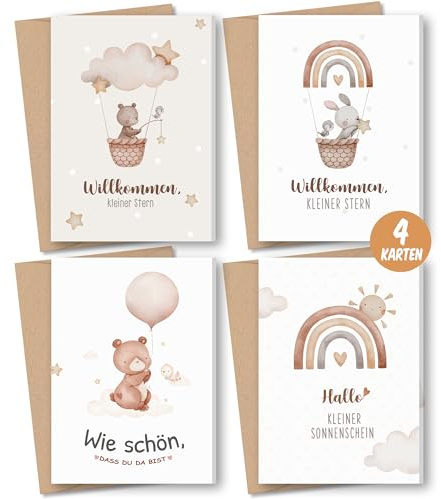 Karte zur Geburt für Mädchen und Jungen - Premium Glückwunschkarte zur Geburt Baby mit Umschlag Willkommen kleiner Stern Grußkarte mit niedlichen Bären Wolken - Geschenk zur Geburt Klappkarte(A6)