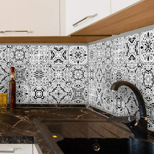 TOARTI 18 Stück Mosaik Bodenaufkleber Schwarz Grau und Weiß Fliesenaufkleber Wandfliese Aufkleber für 15x15cm Fliesen Fliesenfolie für Bad und Küche Deko,15x15 cm