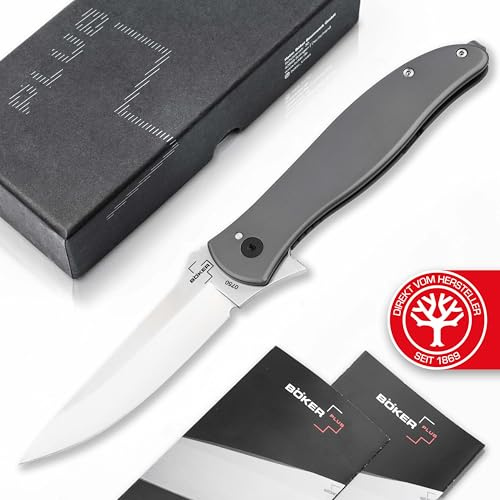 BÖKER PLUS® The Escort - Einhand Taschenmesser mit kugelgelagerter Nitro-V Klinge - Framelock Klapp-Messer mit Flipper - 1 Hand-Messer mit Edelstahl-Griff Silber - Faltmesser mit Geschenk-Box