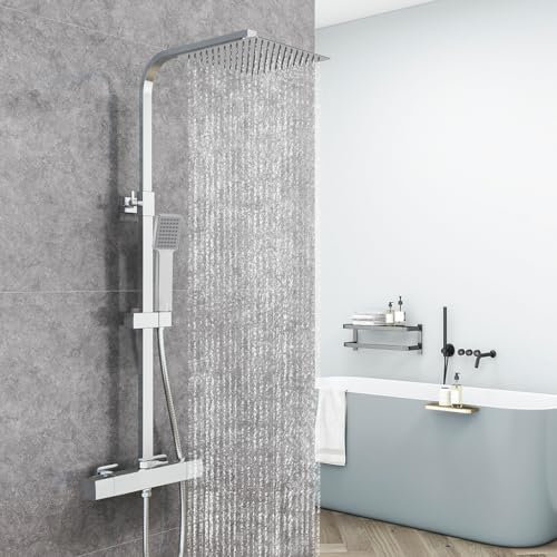 AICAIT Colonne Doccia Termostatiche, Miscelatore Termostatico Doccia con Soffione 25x25cm in Acciaio Inox, e Rubinetto 280x40mm, Altezza Regolabile 760-1180mm, Cromato Lucido