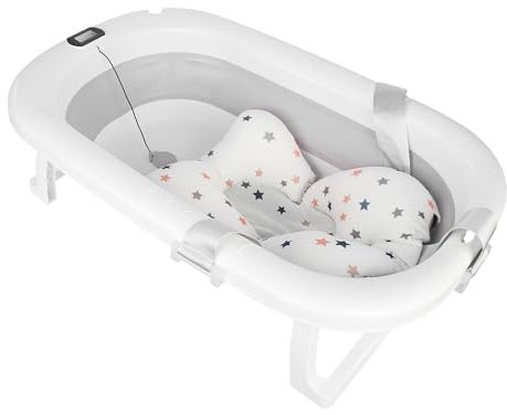 Baignoire Bébé Pliable Avec Coussin De Bain Et Thermomètre Intégré,Baignoire Enfant Avec Support Offert,De 0 À 3 Ans,Bassin de Douche Portable Antidérapant (Gris-80 * 50 * 23CM)