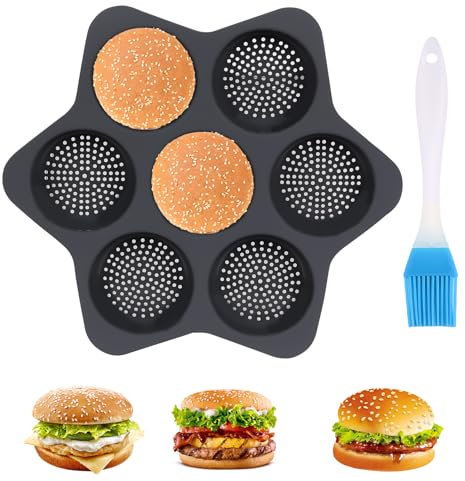 GeluEla Molde redondo de silicona para hamburguesas, 10 cm de diámetro, molde de silicona con 7 huecos, antiadherente, molde de silicona para pan de hamburguesas, hamburguesas, muffins, tartas,