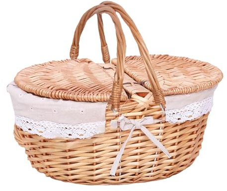 Handgewebter Picknickkorb aus Weidengeflecht mit Deckel und Griff, Stabiler Rattan-Aufbewahrungskorb mit Innenfutter, Aufbewahrungskorb aus Weidengeflecht für Outdoor-Camping, (A)